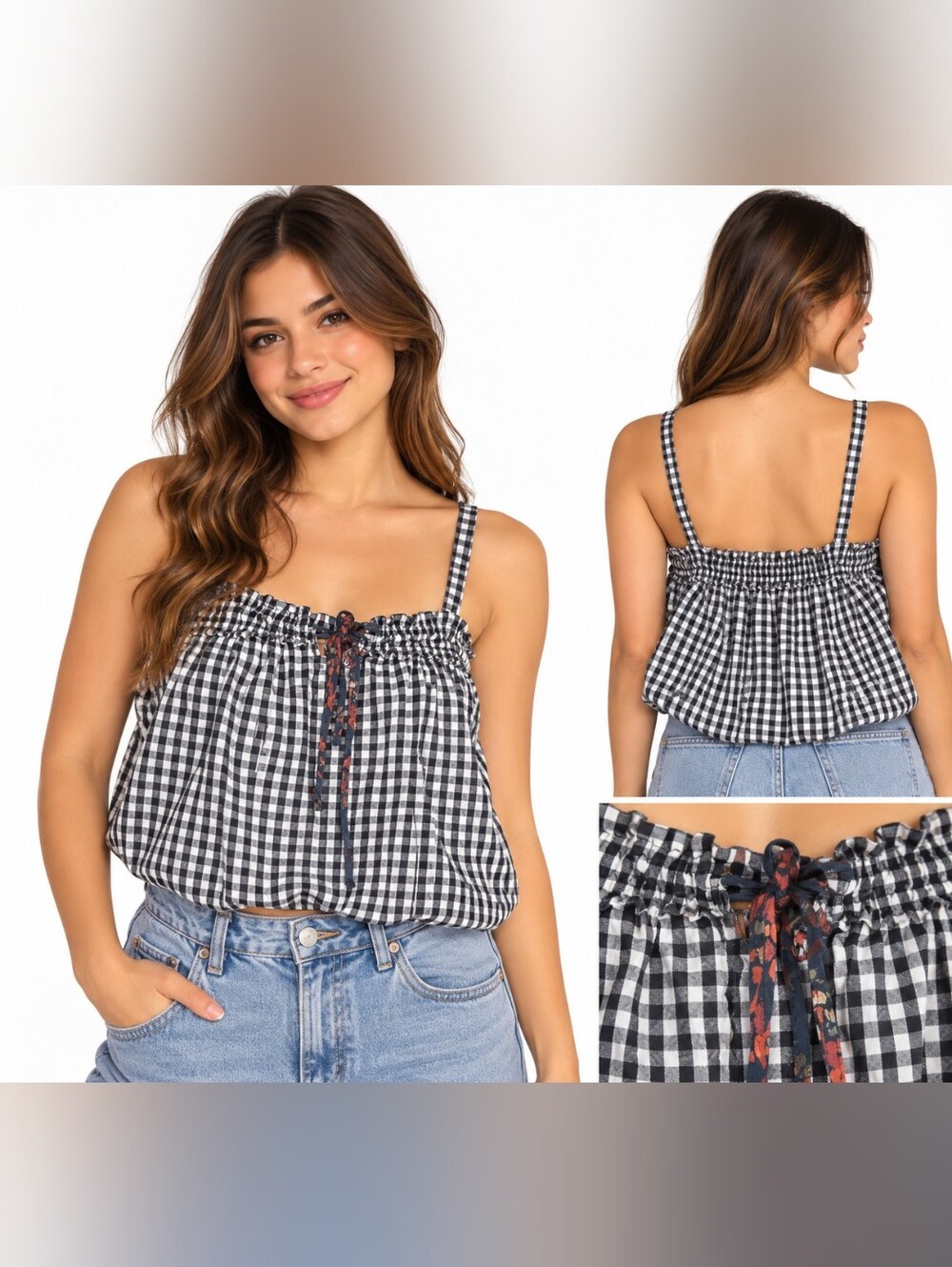 Free People Women’s Size S Black White Gingham Plaid Smocked Tie Front Cami Top